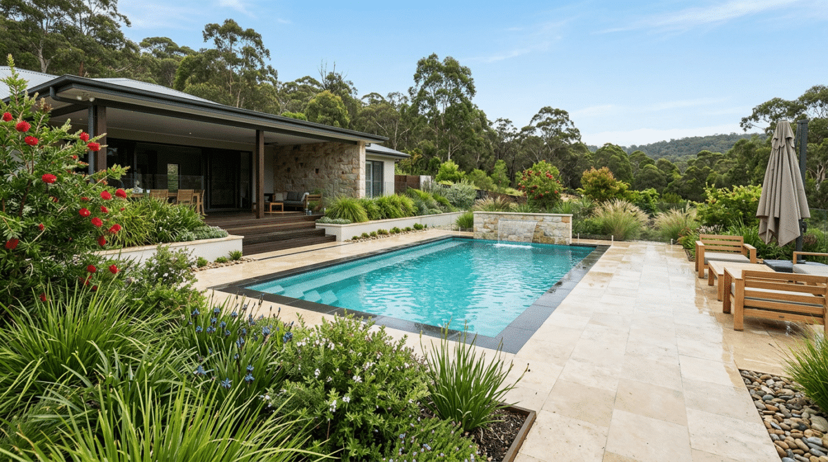 Swimming pool surrounded by landscaped gardens and a tiled patio